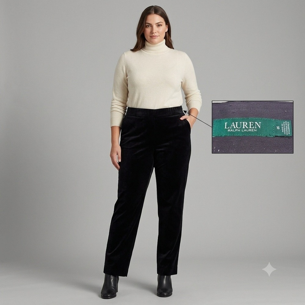 Lauren Ralph Lauren Velvet Trousers Women Size 16 Black Straight Leg Side Zip